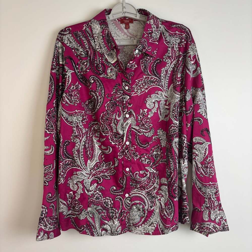Talbots button up blouse plus 20W Petite fushia white paisley long sleeve sateen
